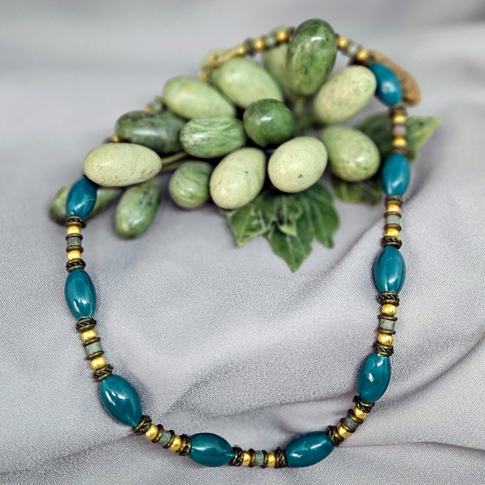 Teal Ceramic Bead Necklace Vintage w/ teal, gold tone, & black spacers - 21"